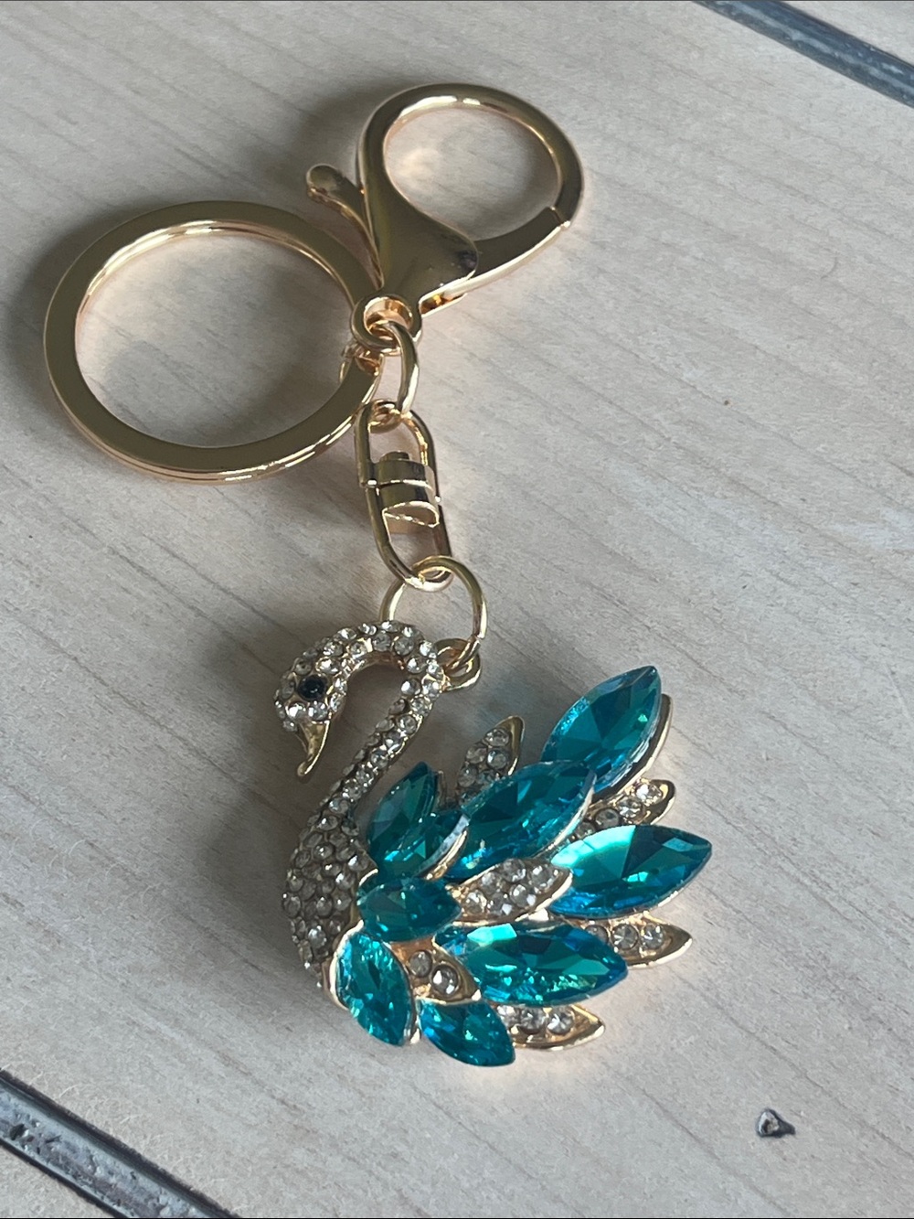 Crystal Swan Keychain Charm in Teal and Gold NWOT